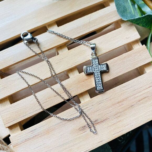 Sterling Silver Micro Pave Cz Cross Pendant On Stainless Steel Chain - Picture 1 of 6
